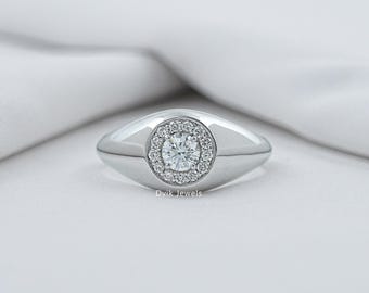 Round Cut Lab Diamond Halo Engagement Ring, Eco Friendly Diamond Gypsy Set Mens Ring, 14K Solid Gold Ring For Newlywed Gift, Gift For Him