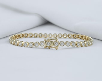 Round Cut Lab Grown Diamond Tennis Bracelet, 14K Solid Gold Bezel Set Diamond Bracelet, Conflict Free Diamond Bracelet For Wedding Gift