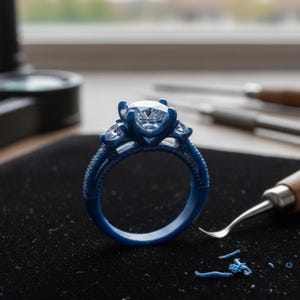 May include: A blue wax model of a diamond ring with a large central stone and smaller side stones. The ring is on a black surface, with jewelry tools in the background. The ring design features intricate detailing.