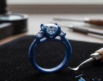 May include: A blue wax model of a diamond ring with a large central stone and smaller side stones. The ring is on a black surface, with jewelry tools in the background. The ring design features intricate detailing.