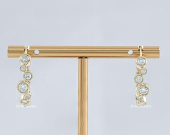 Round Cut Lab Created Diamond Bubble Style Hoop Earrings, 14K Solid Gold Bezel Set Diamond Bridal Earrings, CVD Diamond Wedding Earrings