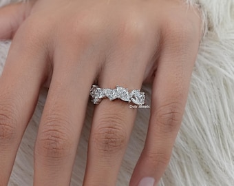 Multi Shape Lab Grown Diamond Half Eternity Wedding Band, EF-VS Clarity Diamond Proposal Band, 14K Solid Gold Prong Set Diamond Bridal Band