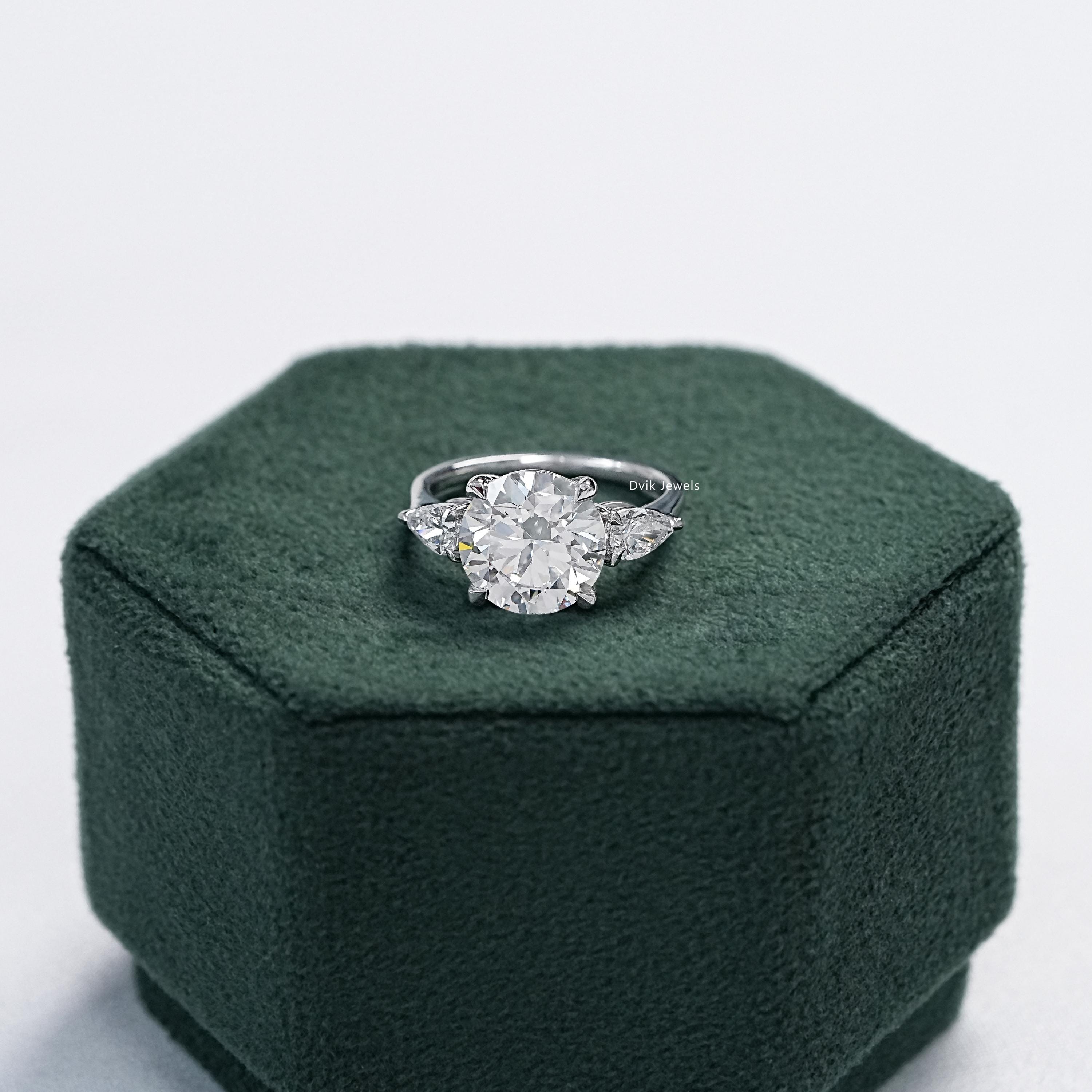 Lab Grown Round Diamond Three Stone Engagement Ring, 4 Carat Certified Diamond Ring, Side Pear Diamond Wedding Ring, 14K Solid Gold Ring