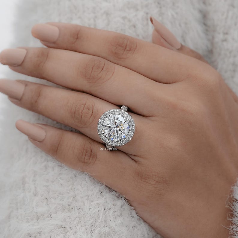 Round Cut Lab Diamond Halo Proposal Ring, Hidden Diamond Flower Basket Accent Ring, 14K Solid Gold Claw Prong Set Bridal Ring, Gift For Her