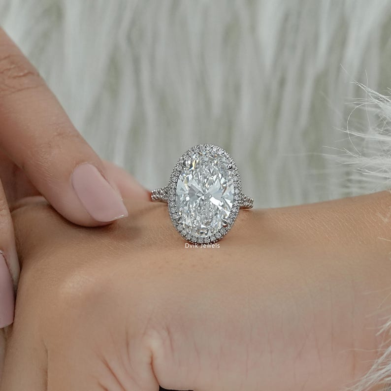 Oval Cut Lab Created Diamond Hidden Halo Bridal Ring / 14K Solid Gold Split Shank Accent Set Wedding Ring / Man Made Diamond Proposal Ring