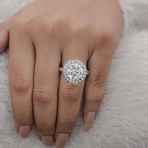 Round Cut Lab Diamond Halo Proposal Ring, Hidden Diamond Flower Basket Accent Ring, 14K Solid Gold Claw Prong Set Bridal Ring, Gift For Her