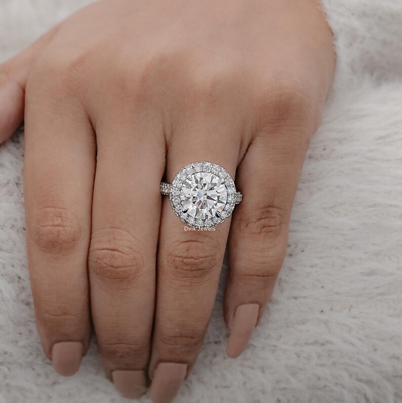 Round Cut Lab Diamond Halo Proposal Ring, Hidden Diamond Flower Basket Accent Ring, 14K Solid Gold Claw Prong Set Bridal Ring, Gift For Her