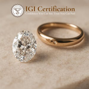 May include: A clear round diamond with a gold band ring. The diamond is set in a ring with a small diamond on the band. The text "IGI Certification" is above the image. The text "Confidence You Can See. Trust You Can Feel." is below the image.