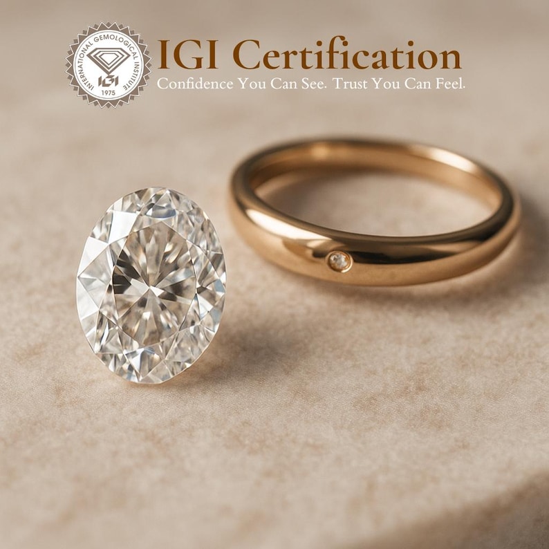 May include: A clear round diamond with a gold band ring. The diamond is set in a ring with a small diamond on the band. The text "IGI Certification" is above the image. The text "Confidence You Can See. Trust You Can Feel." is below the image.