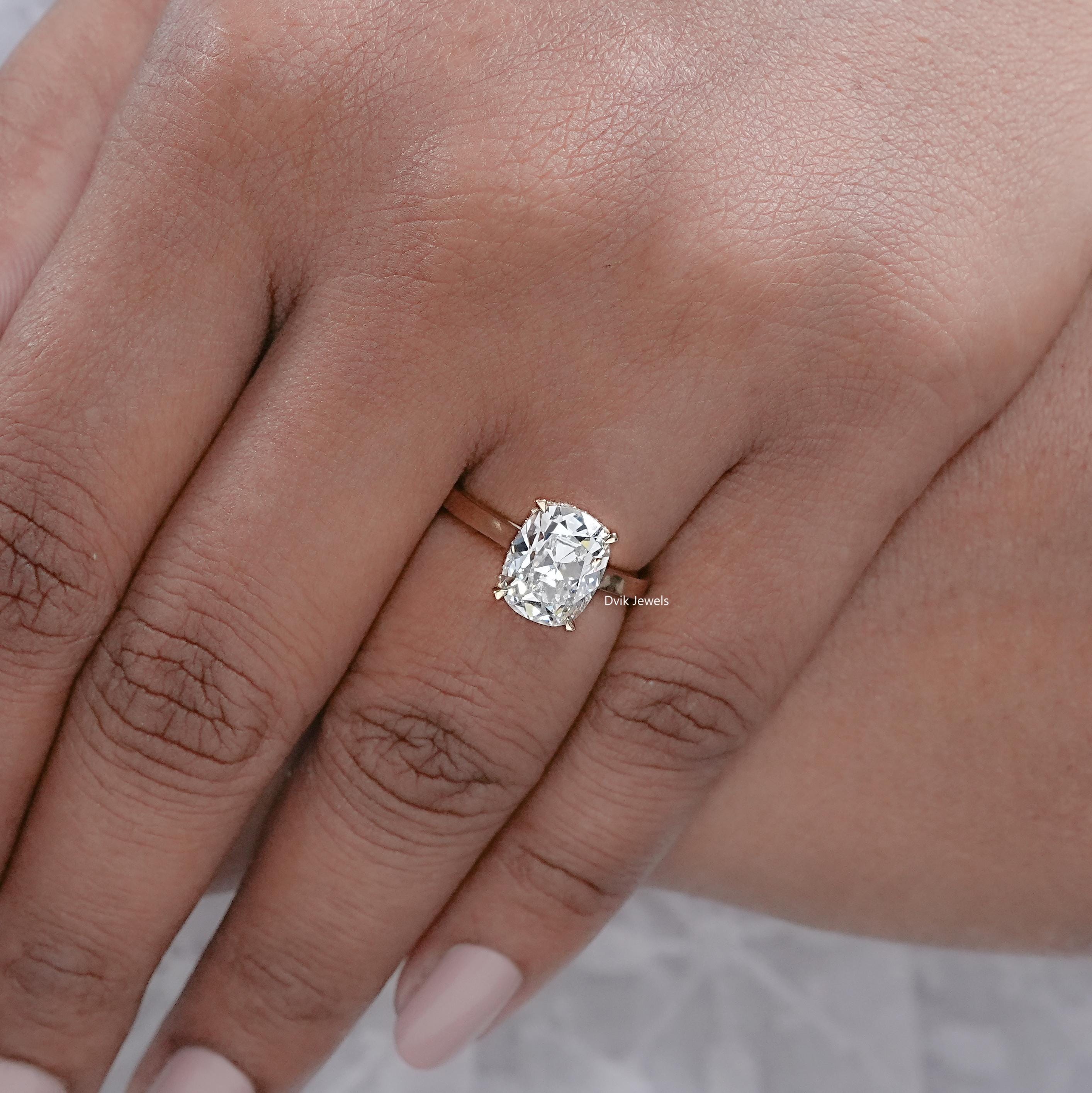 Old Mine Cushion Cut Lab Diamond Hidden Halo Solitaire Ring, 3.00 Carat GH-VVS Lab Grown Diamond Ring, 14K Yellow Gold Wedding Ring For Her