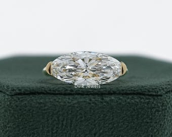 Moval Cut Lab Created Solitaire Diamond Bridal Ring, Handmade Diamond Engagement Ring, 14K Solid Gold Half Bezel Set Diamond Proposal Ring