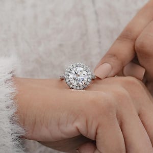 Round Cut Lab Diamond Halo Proposal Ring, Hidden Diamond Flower Basket Accent Ring, 14K Solid Gold Claw Prong Set Bridal Ring, Gift For Her