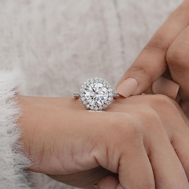 Round Cut Lab Diamond Halo Proposal Ring, Hidden Diamond Flower Basket Accent Ring, 14K Solid Gold Claw Prong Set Bridal Ring, Gift For Her