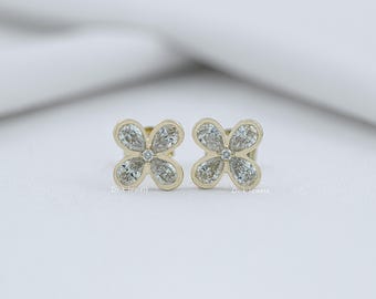 Pear Cut Lab Created Diamond Floral Stud Earrings, Handmade Diamond Bezel Set Wedding Earrings, 14K Solid Gold Push Back Bridal Earrings
