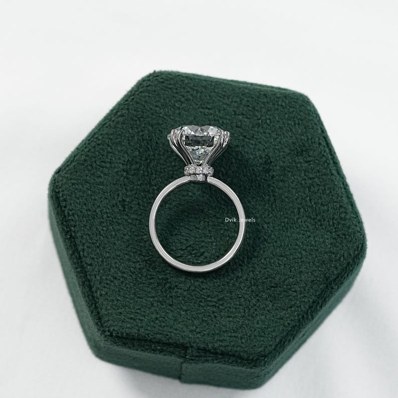 Round Cut Lab Diamond Hidden Halo Wedding Ring, 14K Solid Gold Double Claw Prong Set Engagement Ring, Green Hidden Gemstone Anniversary Ring