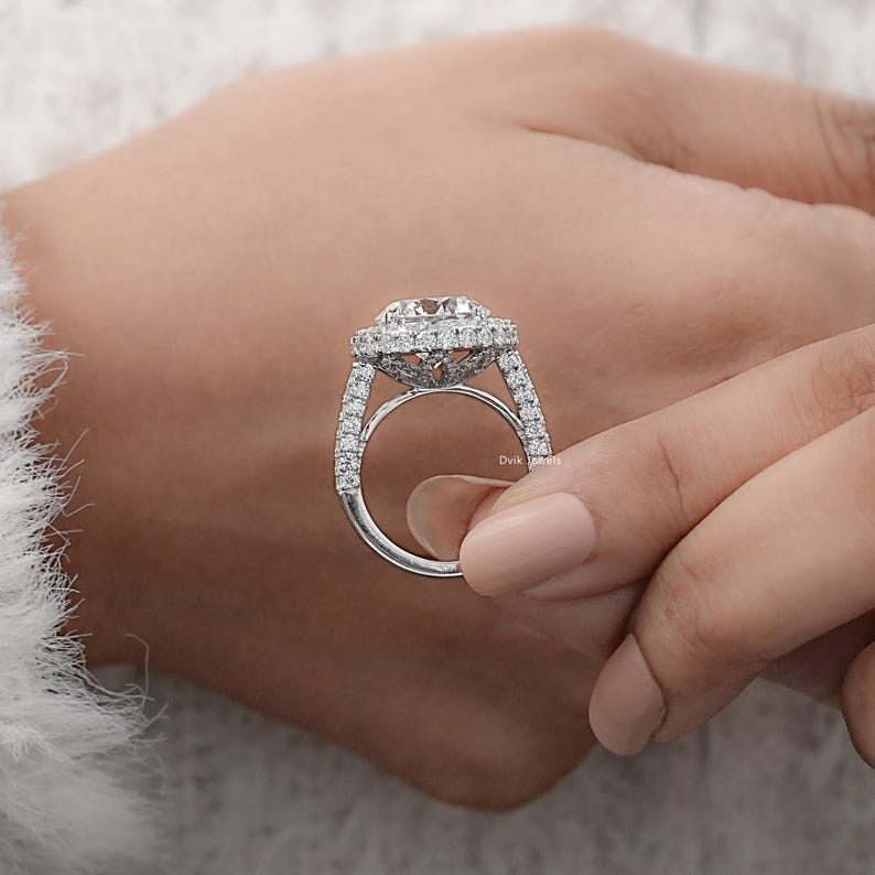 Round Cut Lab Diamond Halo Proposal Ring, Hidden Diamond Flower Basket Accent Ring, 14K Solid Gold Claw Prong Set Bridal Ring, Gift For Her