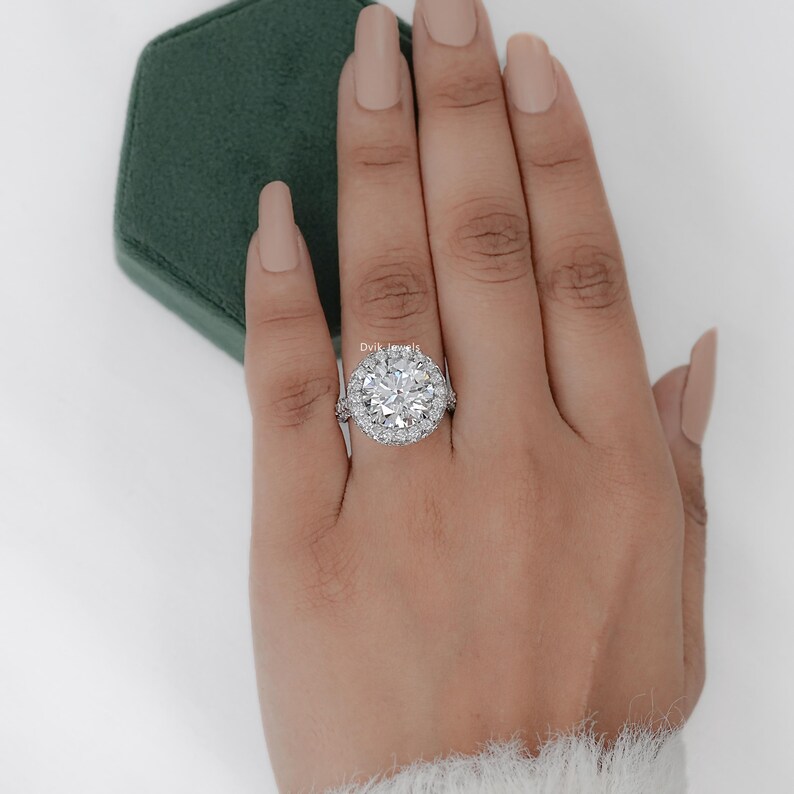 Round Cut Lab Diamond Halo Proposal Ring, Hidden Diamond Flower Basket Accent Ring, 14K Solid Gold Claw Prong Set Bridal Ring, Gift For Her