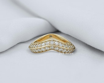 Round Cut Lab Grown Diamond Pave Set Wedding Band, Handcrafted Diamond Double Row Diamond Curved Band, 14K Solid Gold Eternity Proposal Band