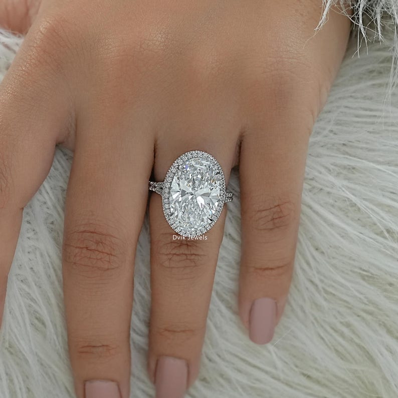 Oval Cut Lab Created Diamond Hidden Halo Bridal Ring / 14K Solid Gold Split Shank Accent Set Wedding Ring / Man Made Diamond Proposal Ring