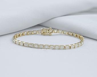 Emerald Cut Lab Created Diamond Tennis Bracelet, 14K Solid Gold Bezel Set Diamond Wedding Bracelet, Eco Friendly Diamond Women Bracelet