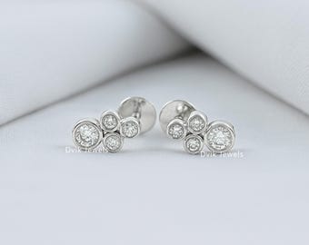 Round Cut Lab Created Diamond Cluster Set Stud Earrings, 14K Solid Gold Bezel Set Diamond Wedding Earrings, CVD Diamond Screw Back Earrings