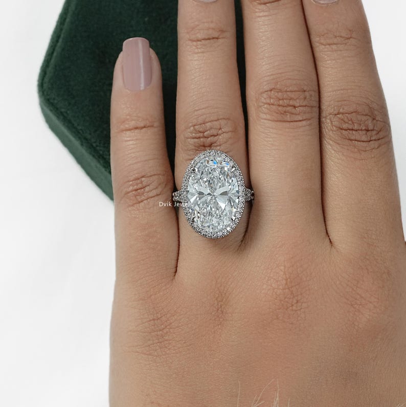 Oval Cut Lab Created Diamond Hidden Halo Bridal Ring / 14K Solid Gold Split Shank Accent Set Wedding Ring / Man Made Diamond Proposal Ring