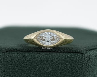 Marquise Cut Lab Grown Diamond Solitaire Bridal Ring, 14K Solid Gold Diamond Matte Finish Brushed Ring, Conflict Free Diamond Wedding Ring