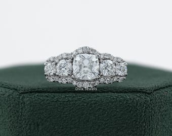 Square Old Mine Cushion Cut Lab Grown Diamond Proposal Ring, CVD Diamond Five Stone Halo Ring, 14K Solid Gold Split Shank Engagement Ring