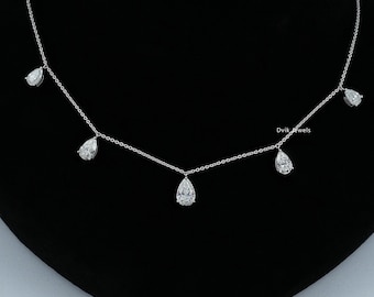 Pear Cut Lab Made Diamond Station Necklace, EF-VS Clarity Diamond Bridal Chain Necklace, 14K Solid Gold Prong Set Diamond Charm Necklace