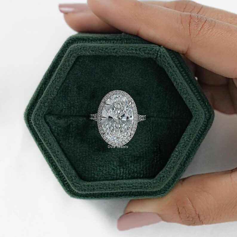 Oval Cut Lab Created Diamond Hidden Halo Bridal Ring / 14K Solid Gold Split Shank Accent Set Wedding Ring / Man Made Diamond Proposal Ring