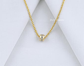 Baguette Cut Lab Created Diamond Barrel Pendant, Eco Friendly Diamond Pave Set Wedding Necklace, 14K Solid Gold Cylindrical Tube Pendant