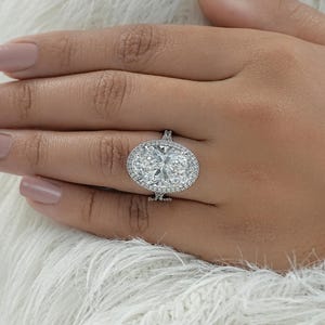 Oval Cut Lab Created Diamond Hidden Halo Bridal Ring / 14K Solid Gold Split Shank Accent Set Wedding Ring / Man Made Diamond Proposal Ring