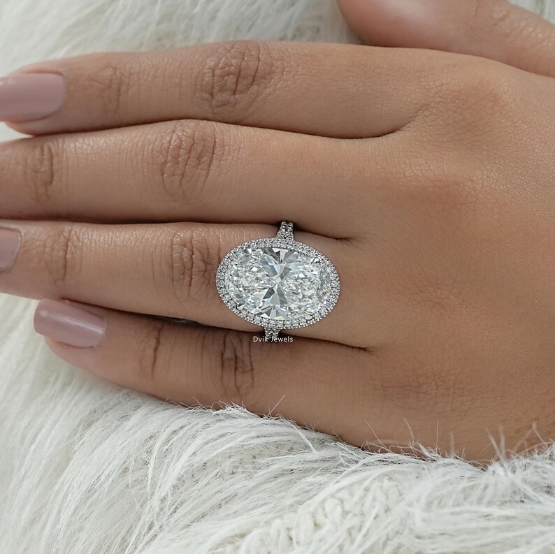 Oval Cut Lab Created Diamond Hidden Halo Bridal Ring / 14K Solid Gold Split Shank Accent Set Wedding Ring / Man Made Diamond Proposal Ring