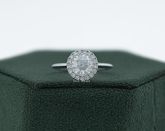 OEC Round Cut Lab Made Diamond Halo Bridal Ring, EF-VS Clarity Diamond Anniversary Ring, 14K Solid Gold Claw Prong Set Diamond Proposal Ring