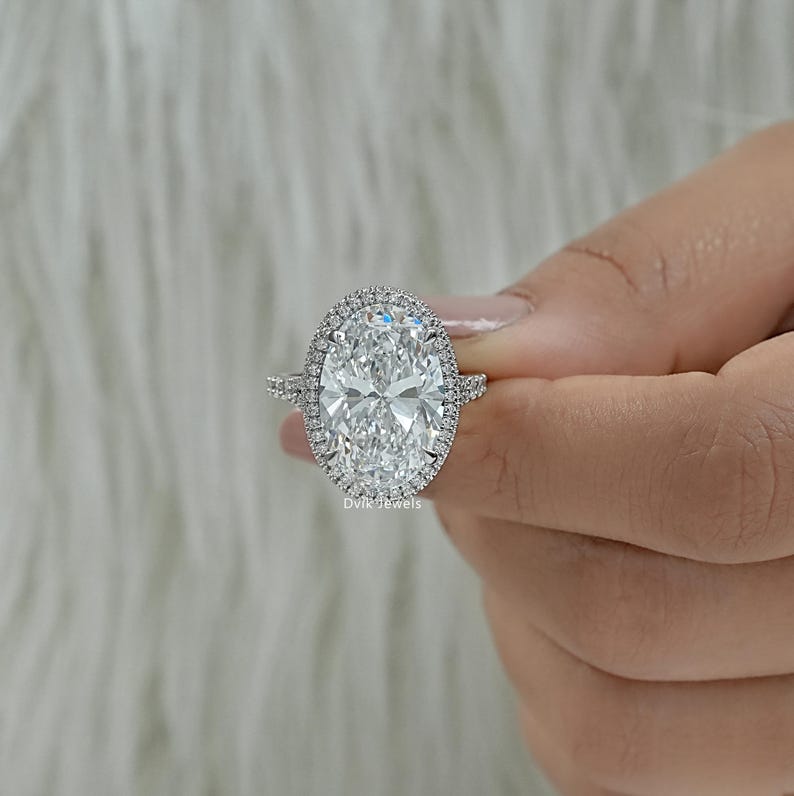 Oval Cut Lab Created Diamond Hidden Halo Bridal Ring / 14K Solid Gold Split Shank Accent Set Wedding Ring / Man Made Diamond Proposal Ring