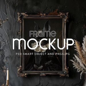 May include: A black ornate frame with a gold trim, featuring a portrait of a bat wearing a white lace collar and a black dress. The text "Frame Mockup" is written in white letters across the image. The text "PSD Smart Object and PNG & JPG" is written in white letters at the bottom of the image.
