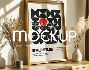 Mockup di cornice per poster in legno: PSD con grafica verticale (download digitale)