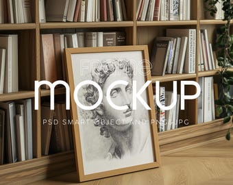Mockup di cornice per biblioteca: poster in legno, espositore per opere d'arte (PSD)