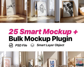 Pacchetto PSD di mockup di cornici: 25 mockup di pareti + plugin FastMocky