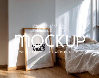 Mockup di poster per camera da letto: cornice in vetro riflesso, oggetto intelligente PSD