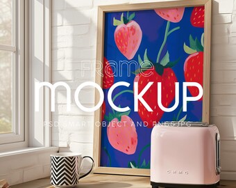 Mockup con cornice verticale: decorazione da parete per cucina, poster in legno (PSD)