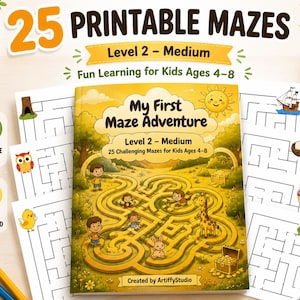May include: A collection of 25 printable maze activity sheets for children ages 4-8, titled My First Maze Adventure. The cover features a yellow, illustrated landscape with a maze, animals, and a treasure chest, alongside PDF and download icons.