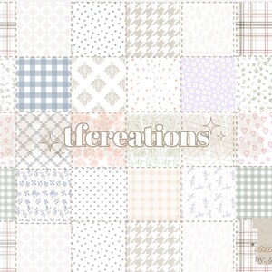 May include: A patchwork quilt design with various patterns in shades of pink, blue, and gray. The patterns include hearts, polka dots, plaid, and floral designs. The text "tfcreations" is in the center of the quilt.