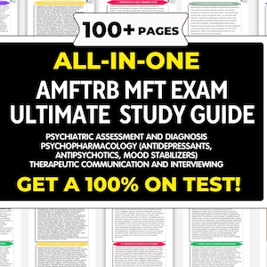 Puede incluir: Una guía de estudio con el texto "AMFTRB MFT EXAM ULTIMATE STUDY GUIDE" en blanco sobre un fondo negro. La guía cubre la evaluación psiquiátrica, la psicofarmacología y la comunicación terapéutica. El texto "GET A 100% ON TEST!" es amarillo.
