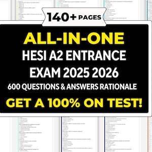 Puede incluir: Guías de estudio con el texto "ALL-IN-ONE HESI A2 ENTRANCE EXAM 2025 2026" y "600 QUESTIONS & ANSWERS RATIONALE". Las guías están rodeadas de páginas con temas como razonamiento científico e interpretación de datos. También es visible el texto "GET A 100% ON TEST!".