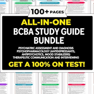Puede incluir: Un paquete de guías de estudio con el texto "ALL-IN-ONE BCBA STUDY GUIDE BUNDLE" sobre un fondo negro. La guía incluye temas como evaluación psiquiátrica, psicofarmacología y comunicación terapéutica. El texto "GET A 100% ON TEST!" es amarillo.