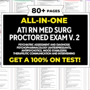 Op de afbeelding: Een verzameling studieboeken met de tekst "ALL-IN-ONE ATI RN MED SURG PROCTORED EXAM V. 2" op een zwarte achtergrond. De gidsen behandelen psychiatrische beoordeling, psychofarmacologie en therapeutische communicatie. De tekst "GET A 100% ON TEST!" is ook zichtbaar.