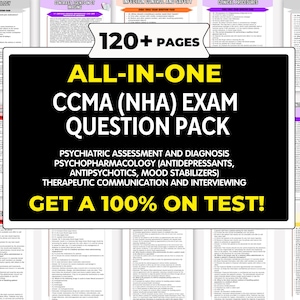 Könnte beinhalten: Eine Sammlung von Lernmaterialien mit dem Text "ALL-IN-ONE CCMA (NHA) EXAM QUESTION PACK" auf schwarzem Hintergrund. Die Leitfäden behandeln Themen wie Pharmakologie und klinische Verfahren. Der Text "GET A 100% ON TEST!" ist ebenfalls sichtbar.