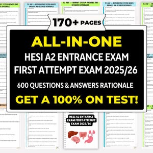 May include: A stack of study guides with the text "ALL-IN-ONE HESI A2 ENTRANCE EXAM FIRST ATTEMPT EXAM 2025/26" and "600 QUESTIONS & ANSWERS RATIONALE". The guides are labeled with topics like "Urinary System Answers" and "Reproductive System Basics".