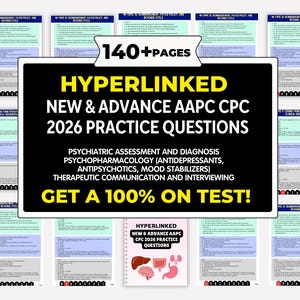 以下が含まれることがあります： 「HYPERLINKED NEW & ADVANCE AAPC CPC 2026 PRACTICE QUESTIONS」のテキストが記載された学習ガイド。精神医学的評価や精神薬理学などのトピックをカバーしています。「GET A 100% ON TEST!」のテキストも含まれています。